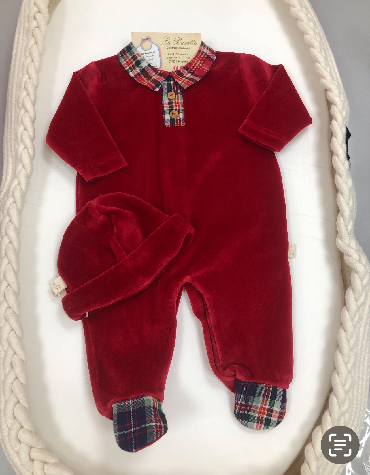 Red velour with plaid accent Boys Romper