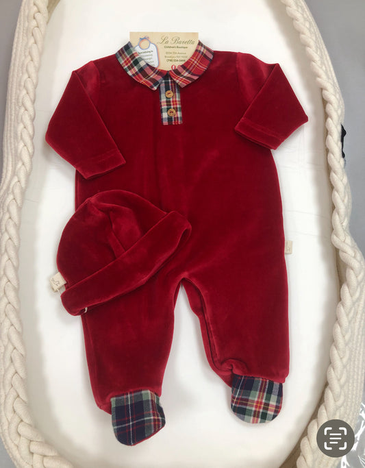 Red velour with plaid accent Boys Romper