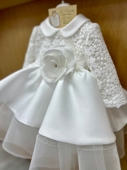 Short white Micado  Lace Top Christening Dress