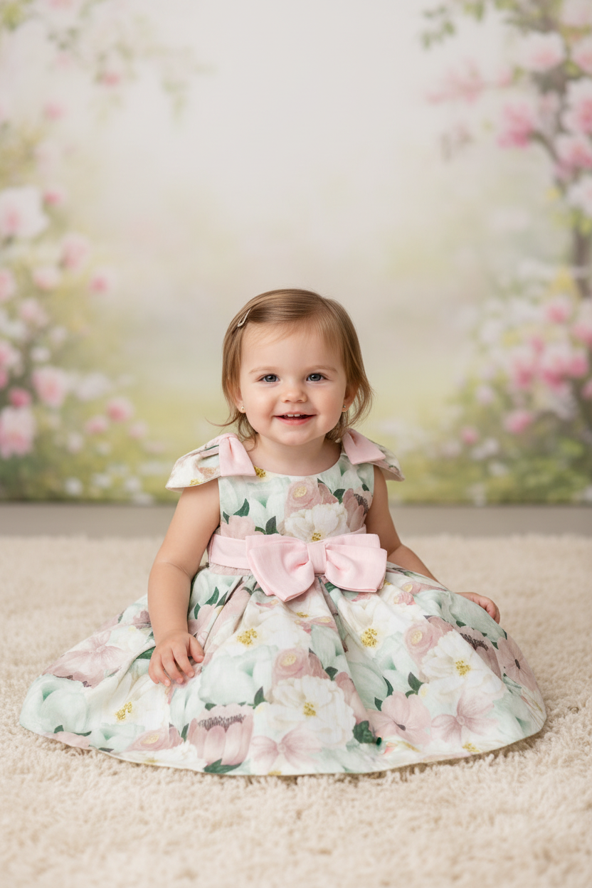 Floral Dress with Pink Bow Belt made in Italy