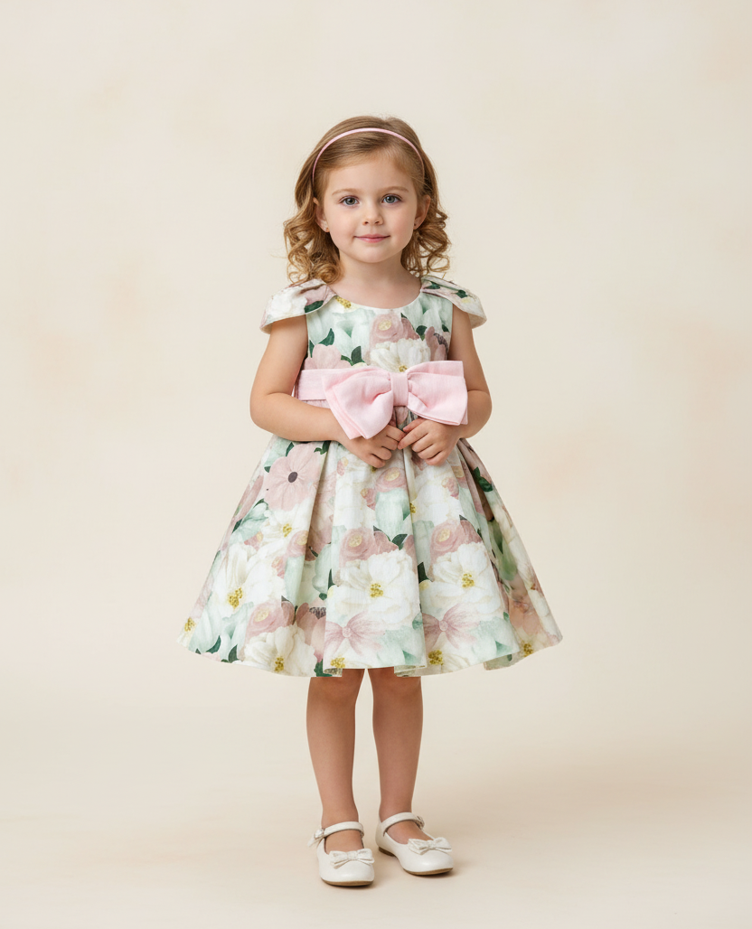 Floral Dress with Pink Bow Belt made in Italy