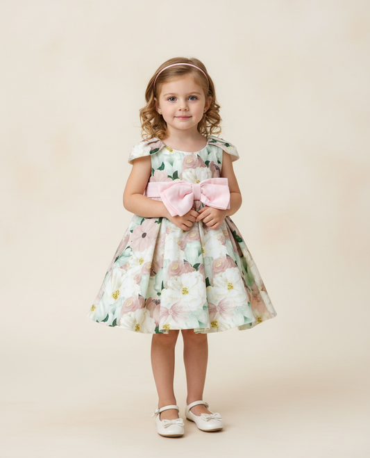 Floral Dress with Pink Bow Belt made in Italy