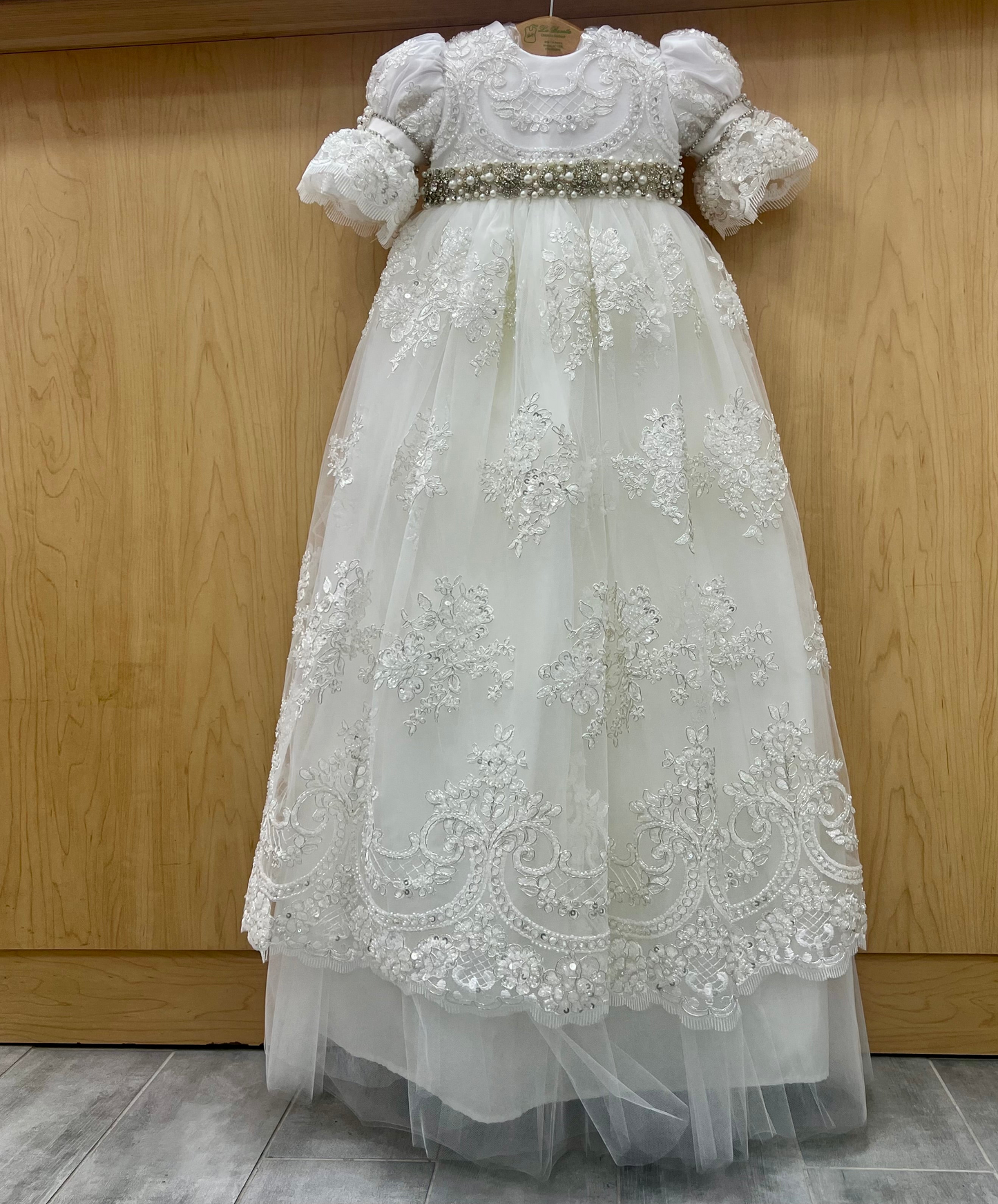 Annabelle Luxery pearls and lace christening gown with matching Bonnet