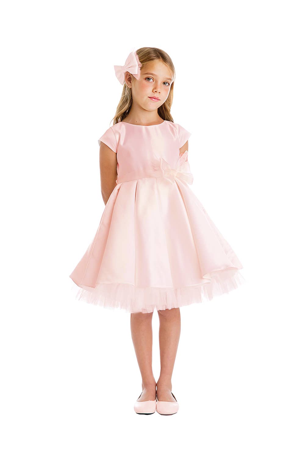 Pleated satin & peek a boo tulle dress with bow: Petal Pink SK711