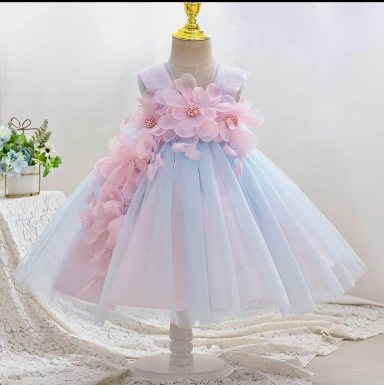 Pink and Blue Floral Tulle Flower Dress