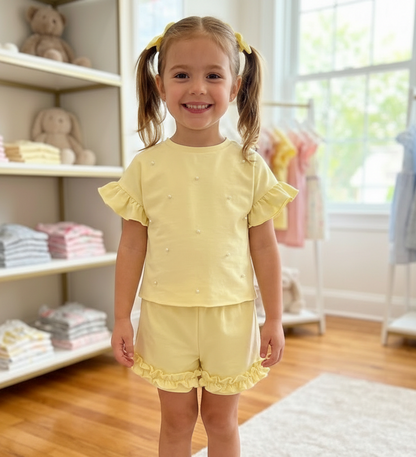 Girls Yellow Pearl Ruffle Top & Shorts Set Made In Italy