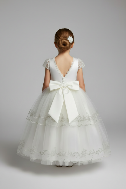 Elegant Diamond White communion Dress with Satin Bow Elenor