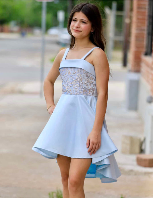 Blue Embroidered High Low Young Girls Dress