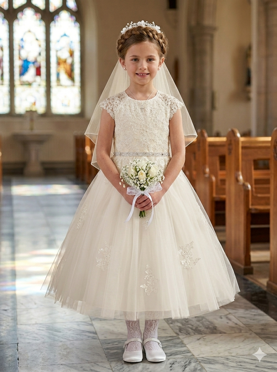 Classic First Diamond white lace Communion Dress