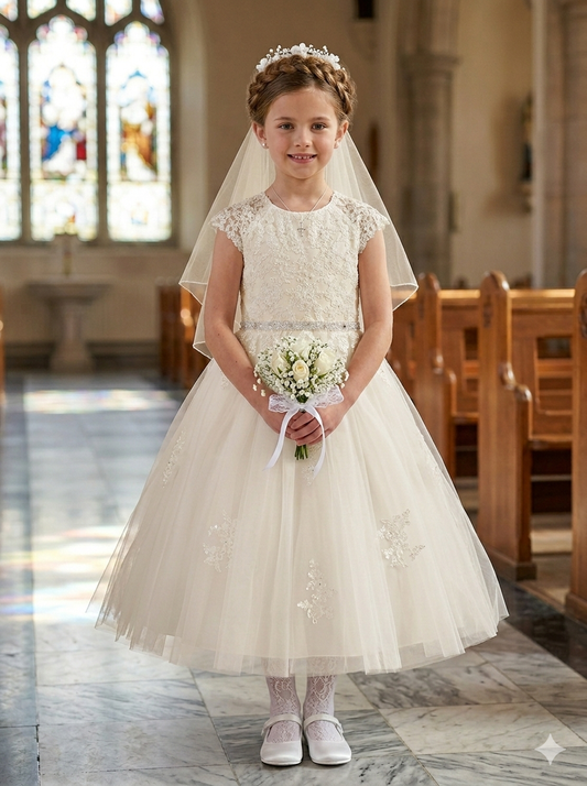Classic First Diamond white lace Communion Dress