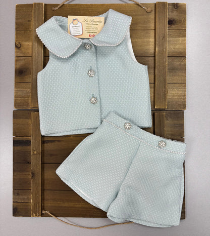 Light Blue Tweed Two-Piece Set – Vest & Shorts with Pearl & Crystal Details