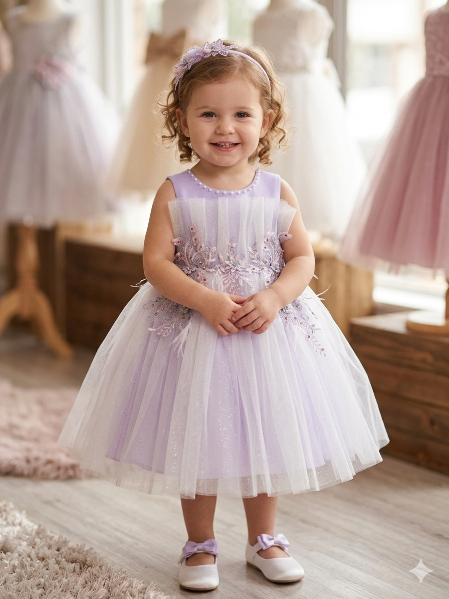 Lavender Tulle Flower Girl Dress with Pearl Neckline & Bow