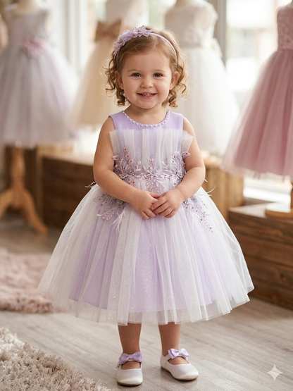 Lavender Tulle Flower Girl Dress with Pearl Neckline & Bow