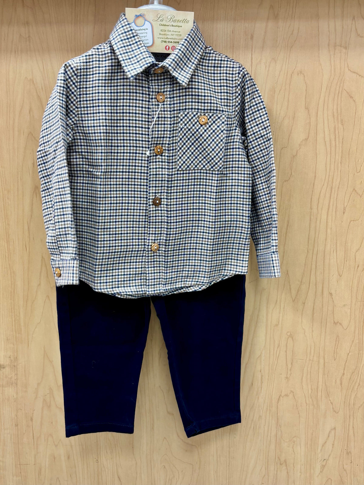 Gingham button-down shirt and navy pants for boys