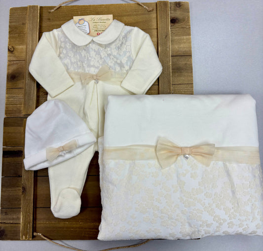 Ivory Baby Take-Home Set with Floral Lace & Bow Detail Made In Italy