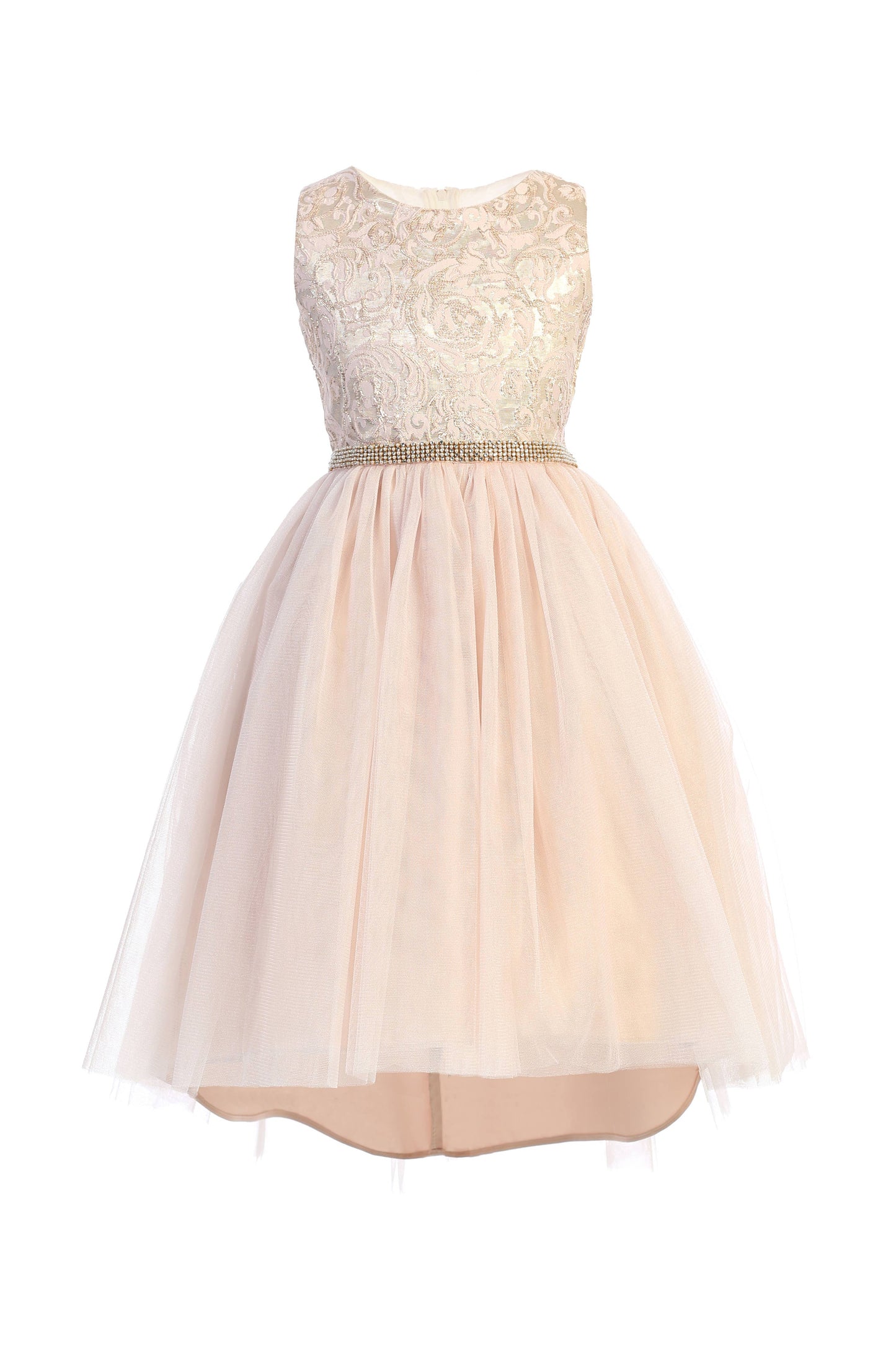 Jaquard  Pink hi-low Dress with satin & tulle SK805
