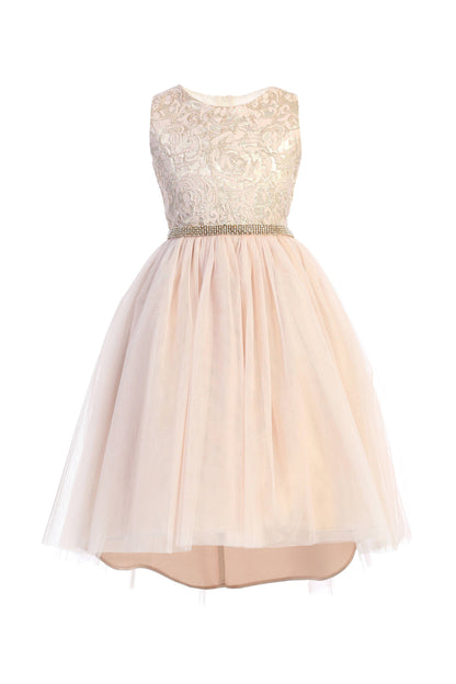 Jaquard  Pink hi-low Dress with satin & tulle SK805
