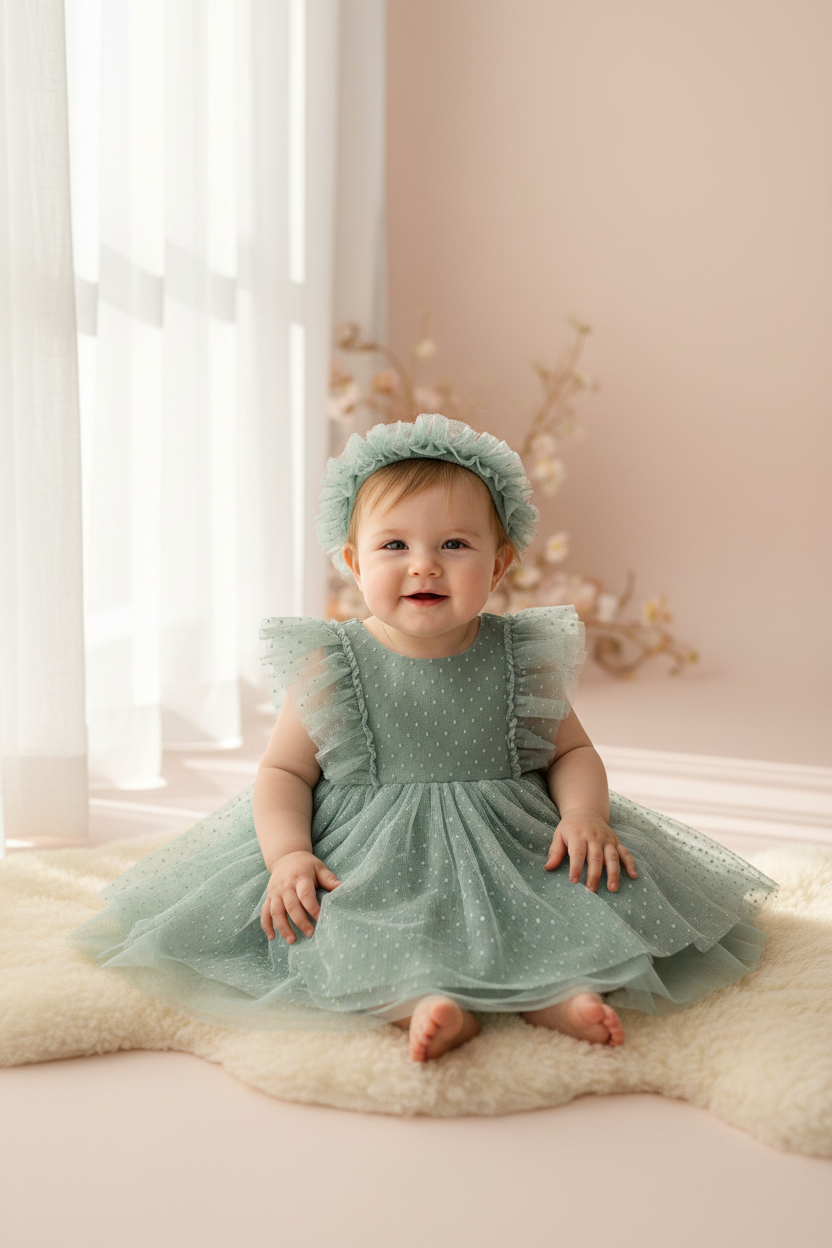 6 month old baby girl wearing sage green tulle dress