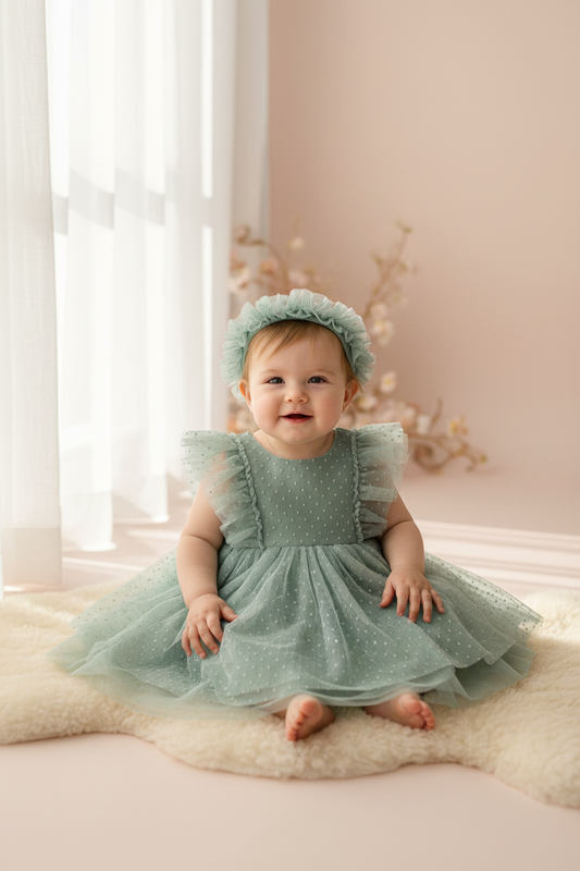 6 month old baby girl wearing sage green tulle dress