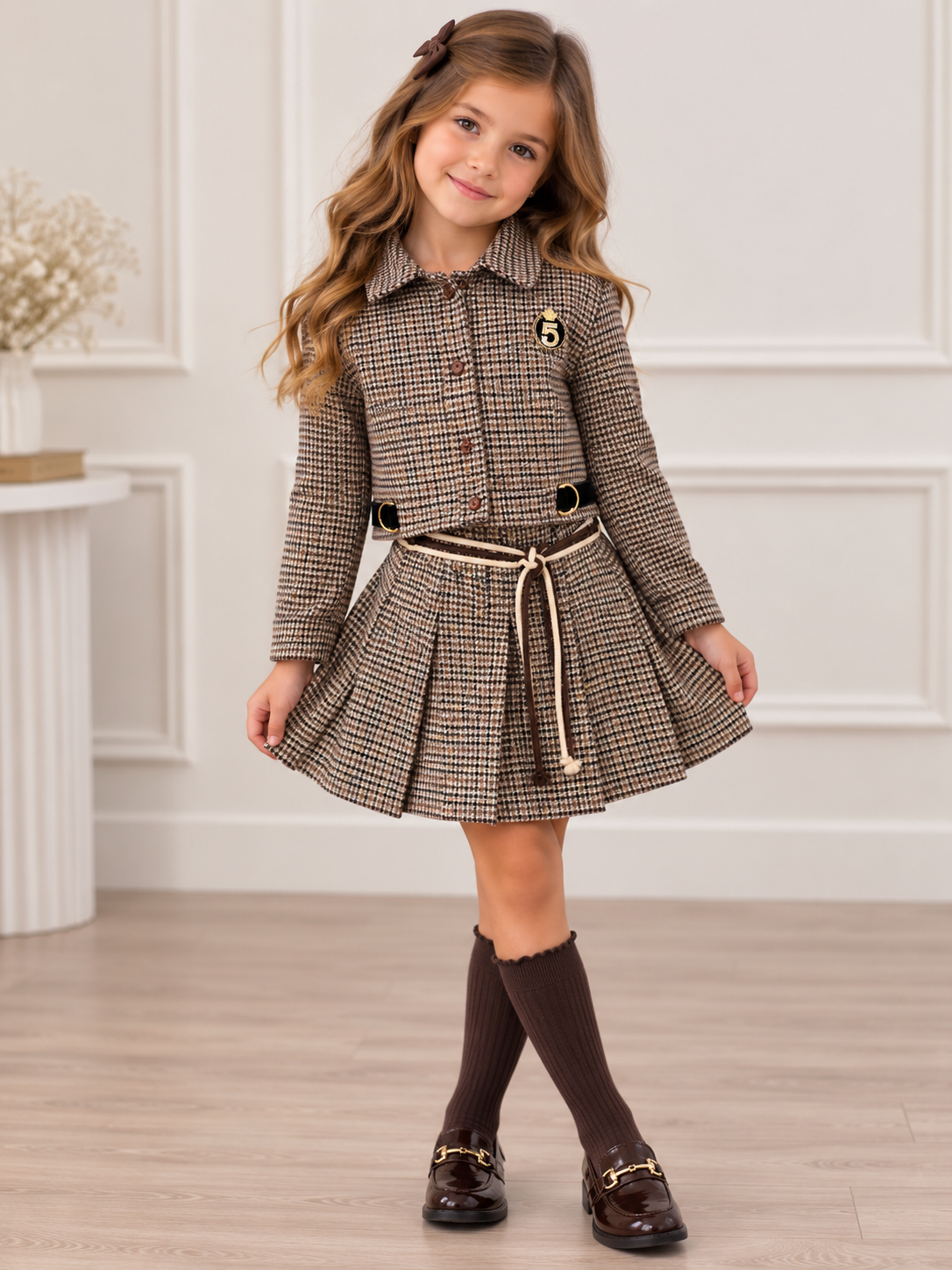 Girls Brown Houndstooth Tweed Jacket & Skirt Set Made In Italy