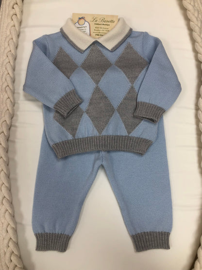 2pc Boys knit powered Blue and Grey pants set.Made In Italy