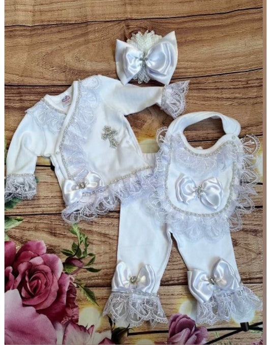 White Lace Christening Set with Crystal Bows