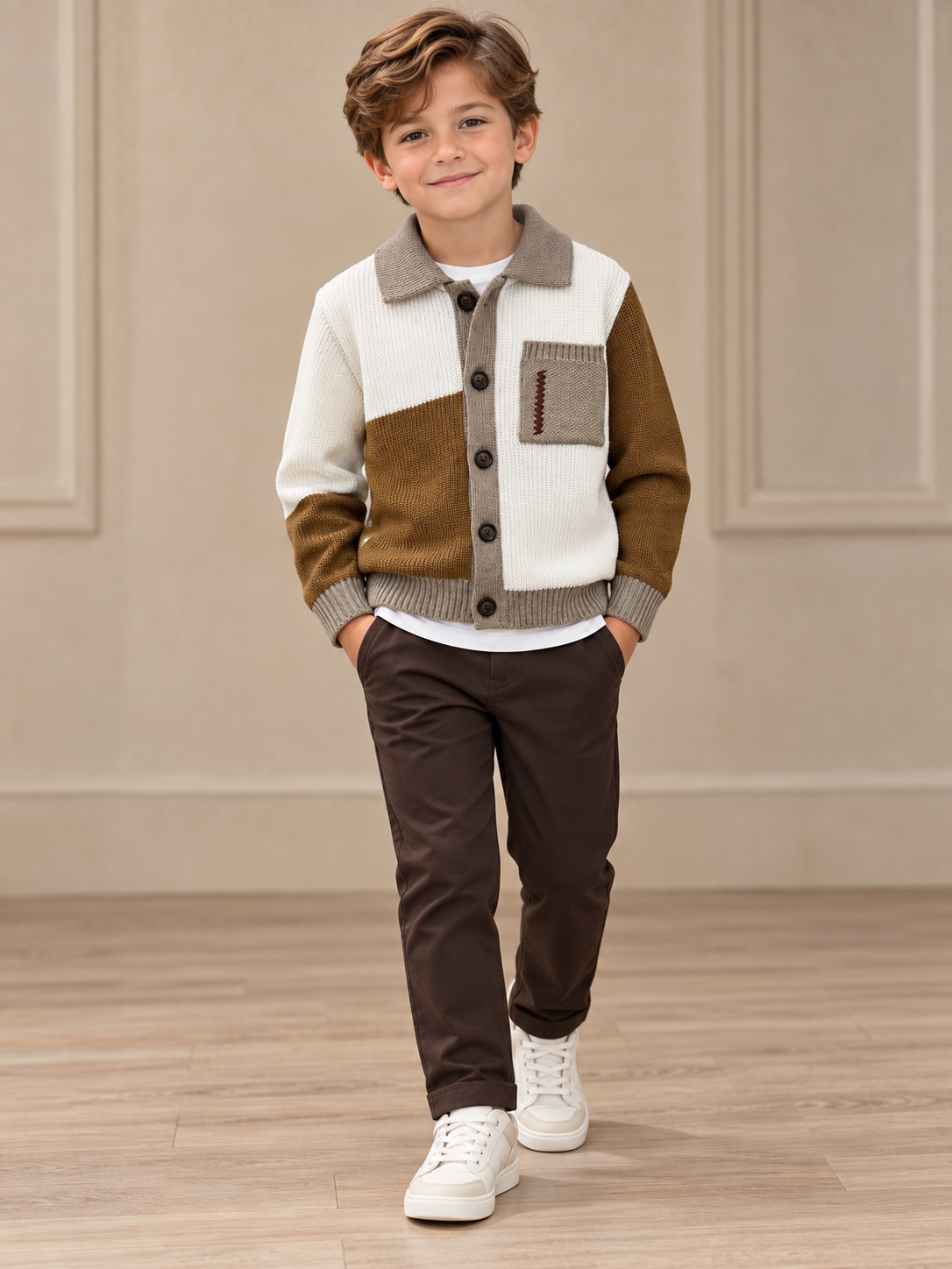 Boy wearing cream and brown color-block button cardigan with contrast chest pocket and brown pants