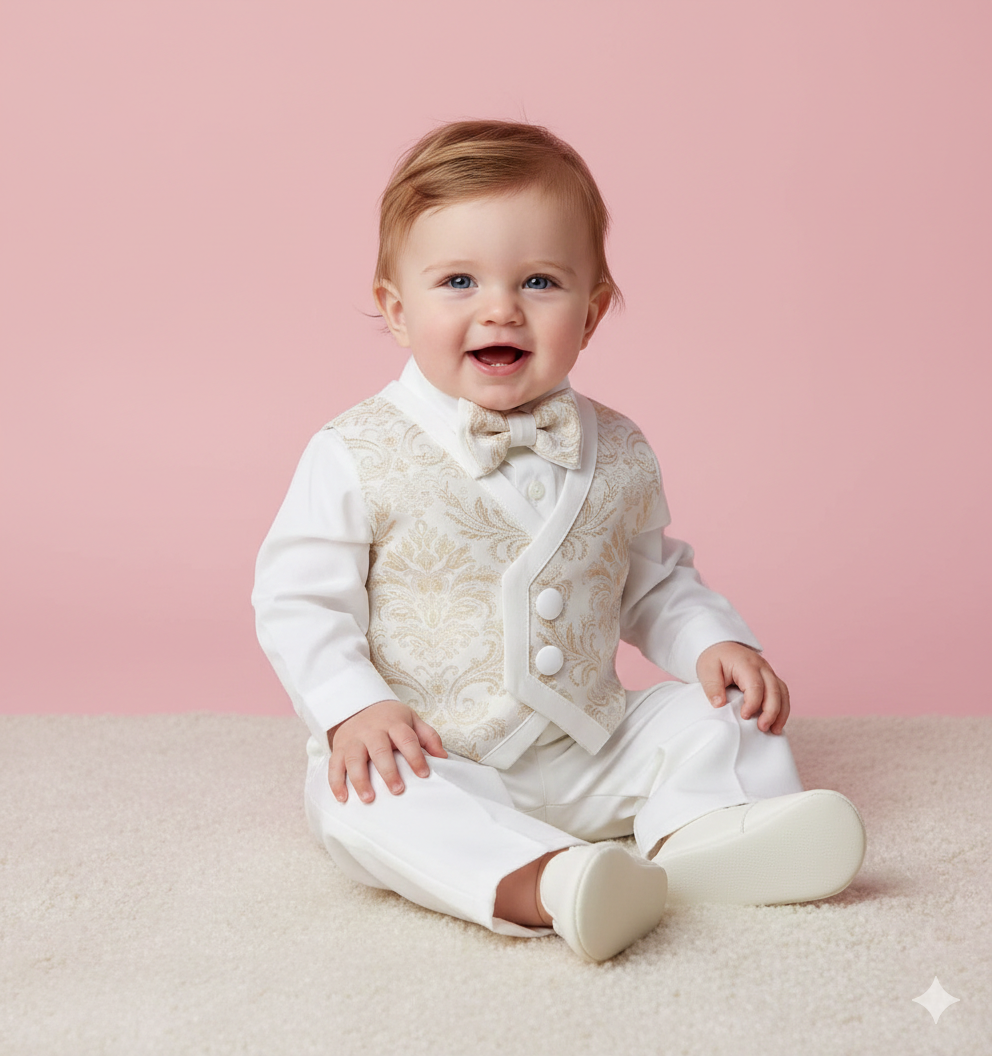 5pc Ivory & Gold Paisley christening Suit Made In Italy