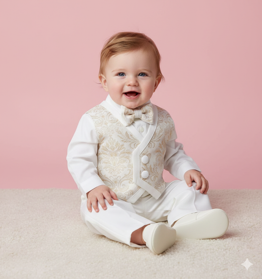 5pc Ivory & Gold Paisley christening Suit Made In Italy