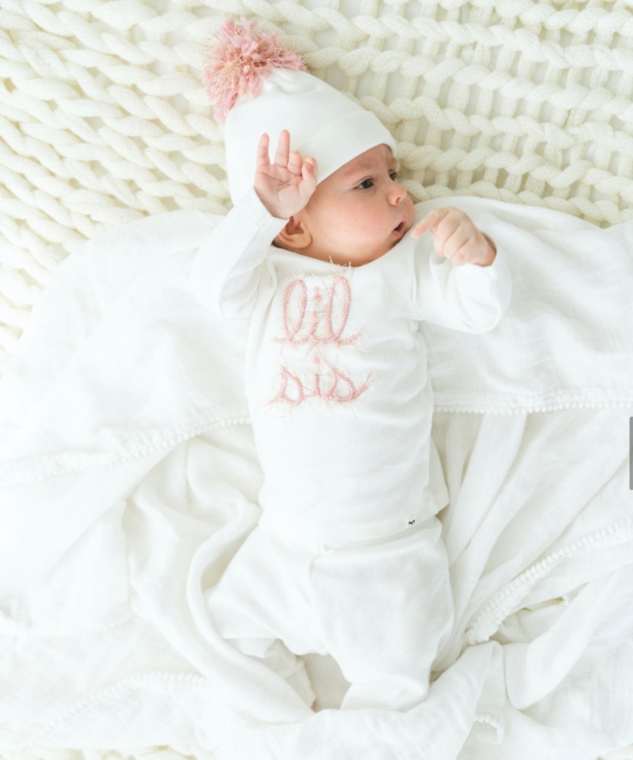 Oh baby  Lil Sis pink sparkle embroidered 2pc cotton pants set