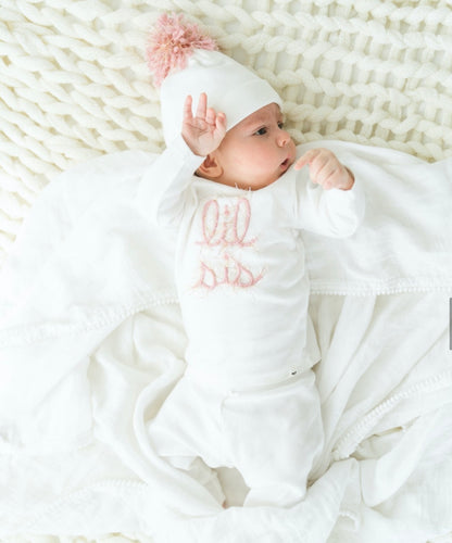 Oh baby  Lil Sis pink sparkle embroidered 2pc cotton pants set