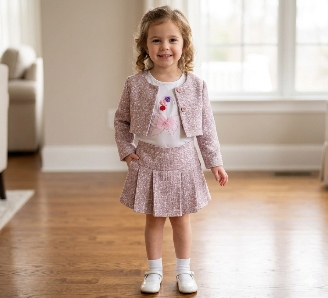 Pink/lavender  Tweed Three-Piece Outfit Set Made In Italy