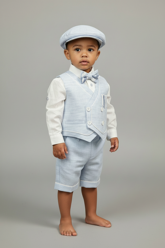 Bimbalo 3pc powder Blue and white boys shorts set
