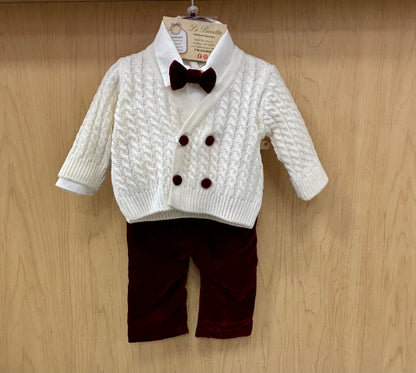 Baby Boy Burgundy Velvet & Ivory Cardigan Holiday Outfit Made In Italy