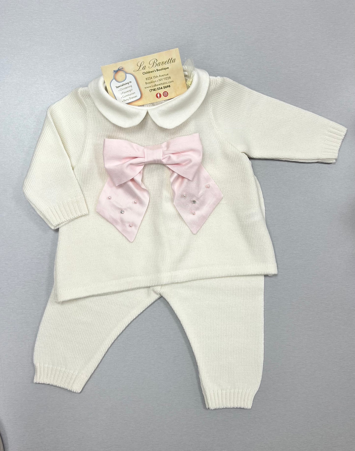 Ivory Knit 2pc pants set with Pink Bow Made In Italy