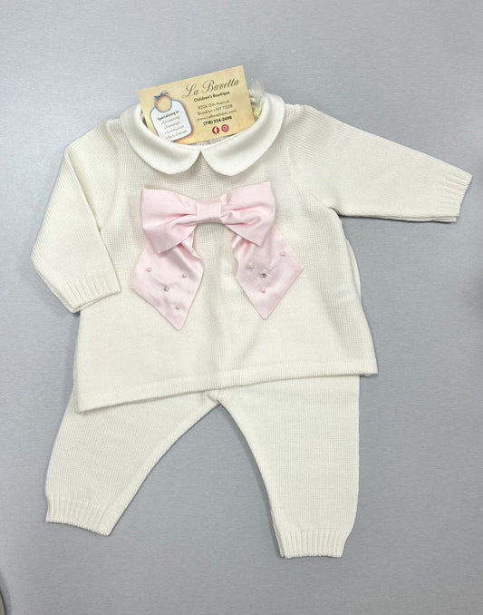Ivory Knit 2pc pants set with Pink Bow Made In Italy