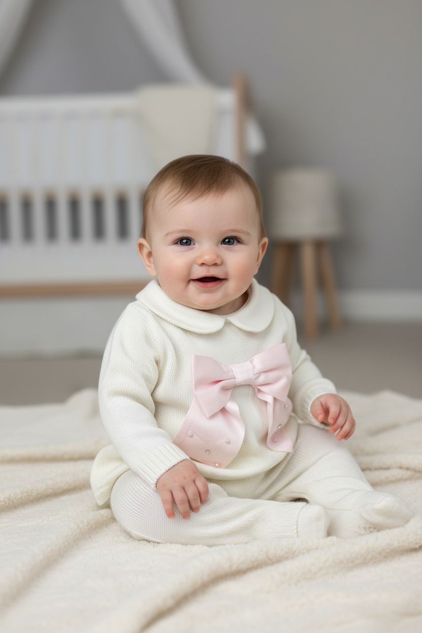 Ivory Knit 2pc pants set with Pink Bow Made In Italy