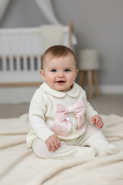 Ivory Knit 2pc pants set with Pink Bow Made In Italy