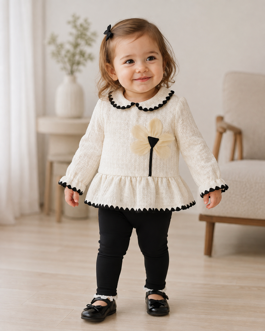 Baby Girls Tweed Peplum Set – Ivory & Black