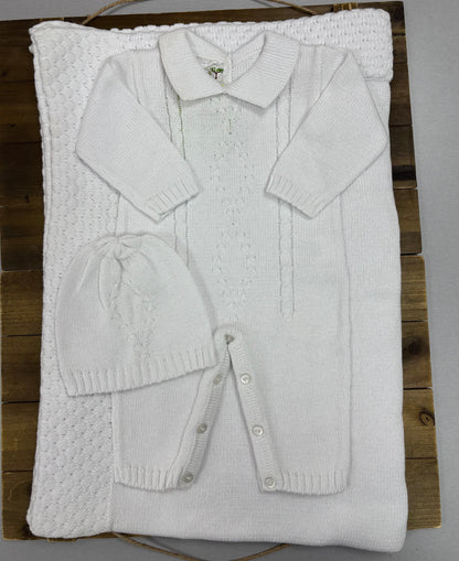 White Knit Take-Home Set — Romper, Hat & Blanket