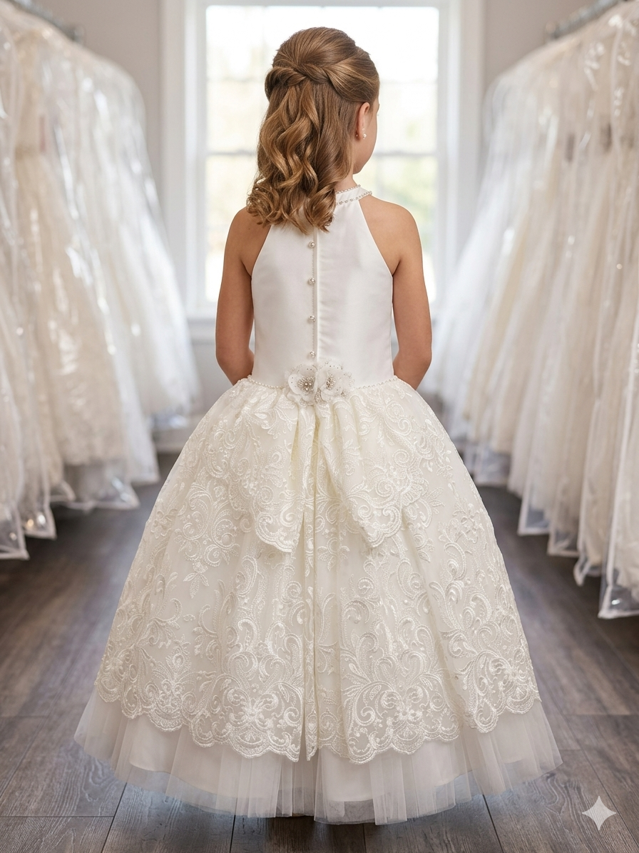 Embroidered Lace-Halter neck Girls communion Dress - Diamond white Charlie