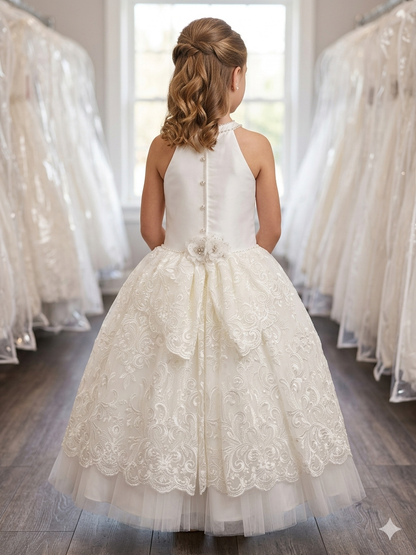 Embroidered Lace-Halter neck Girls communion Dress - Diamond white Charlie