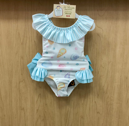 Girls one piece bathing suit with seashells and Bows made in Europe