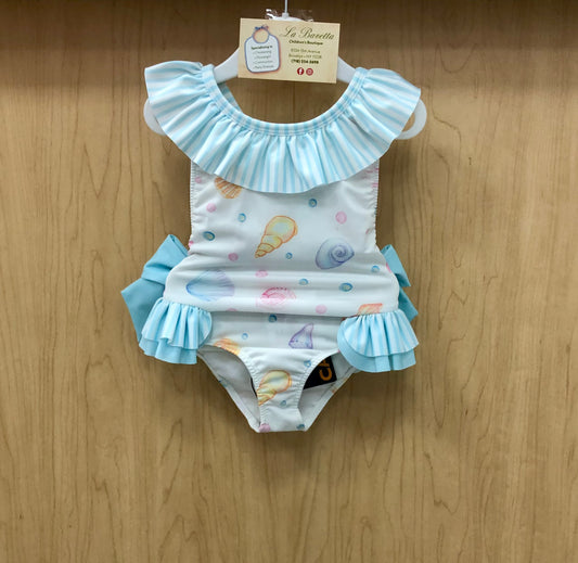 Girls one piece bathing suit with seashells and Bows made in Europe