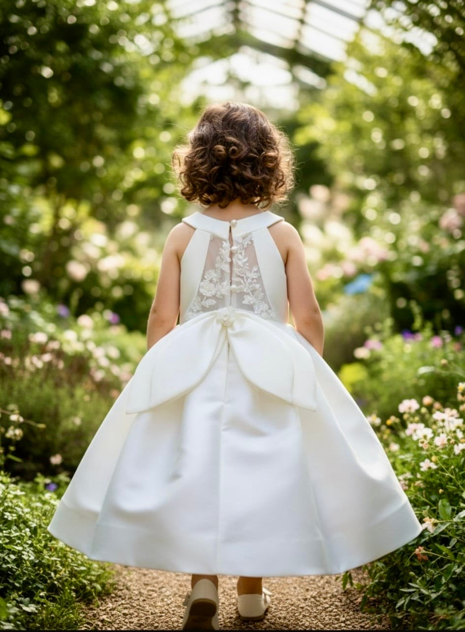 Girls White Lace & Mikado Dress with Oversized petal Bow