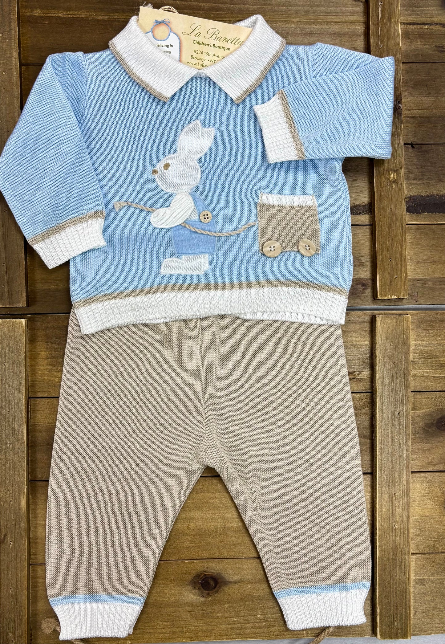 Baby Boy Bunny Knit Set – Blue Sweater & Beige Pants