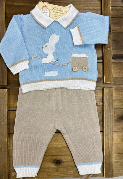 Baby Boy Bunny Knit Set – Blue Sweater & Beige Pants