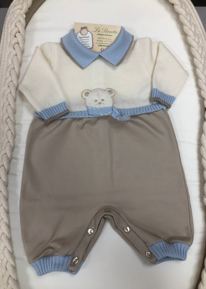 Boys one pc ivory and powder blue Romper with Teddy Bear. Made In Italy