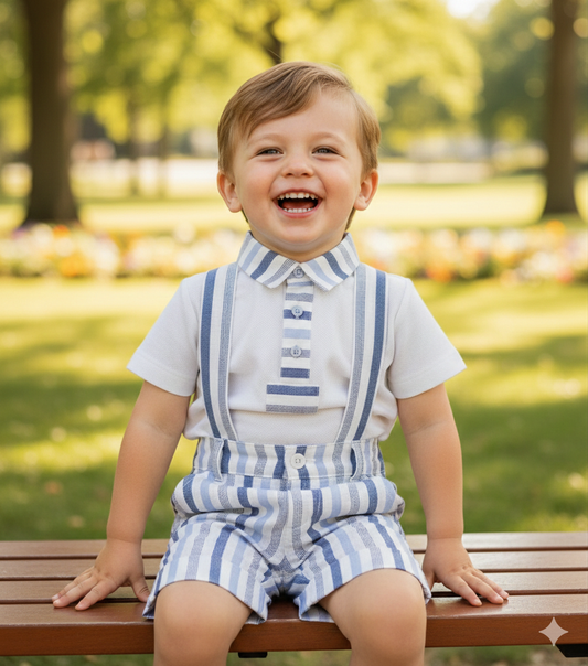 Striped Blue and White linen/cotton overall shorts set  Bimbalo 7243