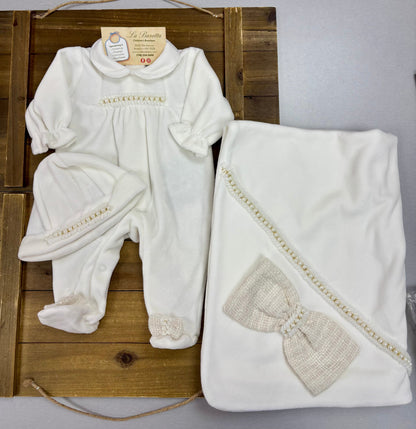 Pearl & Tweed Bow velour Baby Take-Home Set